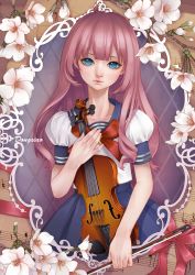 1girl absurdres bad_id bad_pixiv_id blue_eyes blunt_bangs bow_(music) crotchet_rest dongxiao female_focus flower highres hime_cut instrument lily_(flower) long_hair looking_at_viewer original pink_hair ribbon school_uniform serafuku sharp_sign sheet_music signature skirt solo violin