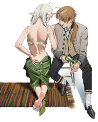 1boy 1girl ahoge black_pants black_shoes bra brown_hair dress_shoes elf from_behind green_skirt grey_hair grey_jacket high_heels highres husband_and_wife jacket kaoru_puripuri mushoku_tensei on_stool pants pointy_ears ponytail rudeus_greyrat rug shoes skirt socks sylphiette_(mushoku_tensei) underwear vest white_bra white_socks yellow_vest