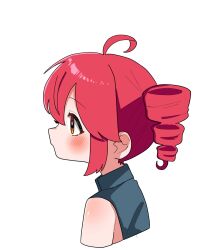 1girl ahoge blush drill_hair from_side haru_maron highres kasane_teto kasane_teto_(utau) portrait profile red_eyes red_hair shirt simple_background sleeveless sleeveless_shirt solo twin_drills utau white_background
