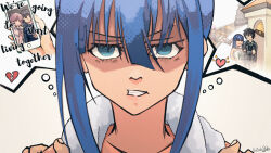 1boy 2girls angry arm_hug artist_name black_hair blue_eyes blue_hair clenched_teeth closed_eyes couple disgust dress empty_eyes engage_kiss happy heart highres imagining imminent_death jealous kisara_(engage_kiss) legs looking_at_viewer multiple_girls parody pink_hair pov scene_reference selfie shaded_face teeth thighs tied_up_(nonsexual) towel towel_around_neck traditional_media train wedding_dress yuugiri_ayano