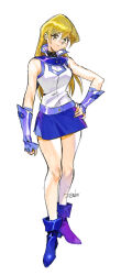 203wolves absurdres bare_legs bare_shoulders belt blonde_hair blue_boots blue_skirt boots brown_eyes duel_academy_uniform_(yu-gi-oh!_gx) fingerless_gloves full_body gloves hair_between_eyes hand_on_own_hip highres light_smile long_hair miniskirt shirt signature skirt sleeveless sleeveless_shirt standing straight_hair tenjouin_asuka turtleneck white_background yu-gi-oh! yu-gi-oh!_gx
