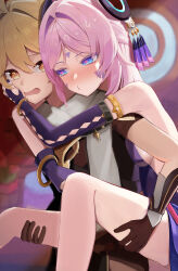 1boy 1girl absurdres aether_(genshin_impact) bare_shoulders black_gloves black_shirt blonde_hair blue_eyes blush breasts carrying carrying_person citlali_(genshin_impact) commentary ekaki_hagoromo facial_mark fingerless_gloves fingernails floating_headgear forehead_mark genshin_impact gloves hair_between_eyes hashtag-only_commentary headgear heart heart-shaped_pupils hetero highres long_hair looking_at_another medium_breasts nail_polish nose_blush open_mouth pink_hair pink_pupils puckered_lips purple_nails shirt sideboob symbol-shaped_pupils triangle triangle_facial_mark yellow_eyes