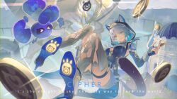 1girl 1other absurdres animal_ears black_leotard blue_eyes boots cat_ears cat_girl cat_tail cipher_(honkai:_star_rail) coin gold_coin grey_hair high_heels highres honkai:_star_rail honkai_(series) hood hoodie kamome_umitsuki leotard looking_at_viewer spirithief_bartholos_(honkai:_star_rail) tail thighhighs thighs