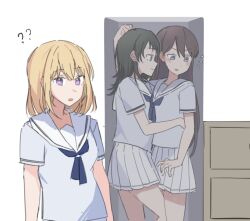 3girls ? ?? bang_dream! bang_dream!_it&#039;s_mygo!!!!! blonde_hair blue_eyes blue_neckerchief blue_shirt blush brown_hair closed_mouth commentary green_hair hair_between_eyes hanasakigawa_school_uniform hashtag-only_commentary highres hug in_locker jenjen long_hair medium_hair misumi_uika multiple_girls neckerchief open_mouth pleated_skirt purple_eyes sailor_collar school_uniform shiina_taki shirt short_sleeves skirt stuck sweatdrop white_background white_sailor_collar white_skirt yahata_umiri yuri