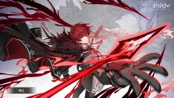 1boy black_cape black_gloves black_pants cape closed_mouth enryu fur_trim game_cg gloves grey_shirt hand_up highres long_sleeves looking_at_viewer male_focus pants red_eyes red_hair scarf shirt short_hair solo solo_focus sunsumizu tower_of_god white_scarf