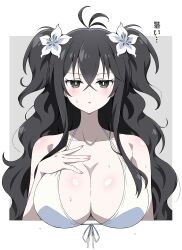 1girl absurdres bikini black_eyes blush breasts bright_pupils cleavage crossed_bangs double-parted_bangs eggman_(ni_tamagoex) flower front-tie_bikini_top front-tie_top fubuki_(senran_kagura) grey_background hair_between_eyes hair_flower hair_ornament hand_on_own_chest highres large_breasts long_hair looking_at_viewer outside_border pale_skin parted_lips senran_kagura senran_kagura_new_link shoulder_blush solo sweat swimsuit translation_request twintails upper_body very_sweaty wavy_hair white_bikini white_flower white_pupils