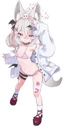 1girl absurdres animal animal_ear_fluff animal_ears animal_on_head arm_up armpits bandaid bat_hair_ornament bat_wings bikini black_choker breasts bright_pupils cardigan choker closed_mouth flat_chest fox_ears fox_girl fox_tail full_body grey_hair hair_between_eyes hair_ornament hairclip heart highres karin_(vrchat) long_hair looking_at_viewer mashirokuro multicolored_hair navel on_head open_cardigan open_clothes pink_bikini pink_eyes pink_hair pink_nails pink_sailor_collar pink_skirt red_eyes sailor_collar shirt shoes simple_background skirt small_breasts smile socks solo streaked_hair striped_bikini striped_clothes swimsuit tail transparent_background twintails vrchat white_cardigan white_pupils white_socks wings yucblossom