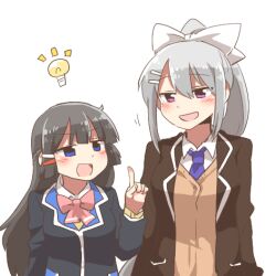 2girls black_hair black_jacket blazer blue_eyes bow brown_cardigan cardigan chibi collared_shirt grey_hair hair_between_eyes hair_bow hair_ornament hairclip hand_up higuchi_kaede higuchi_kaede_(1st_costume) index_finger_raised jacket light_bulb lowres multiple_girls necktie nijisanji open_clothes open_jacket pink_bow pointy_ears purple_eyes purple_necktie rebecca_(keinelove) school_uniform shirt simple_background tsukino_mito tsukino_mito_(1st_costume) upper_body virtual_youtuber white_background white_bow white_shirt