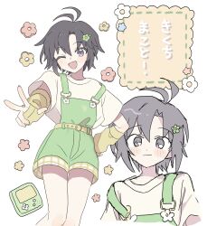 1girl :3 antenna_hair arm_warmers belt black_eyes black_hair blush closed_mouth cowboy_shot flower_hairpin handheld_game_console highres idolmaster idolmaster_(classic) kikuchi_makoto looking_at_viewer multiple_views one_eye_closed open_mouth pnt_0202 shirt short_hair short_sleeves simple_background smile suspenders w white_background white_shirt