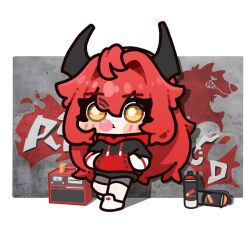 1girl alternate_costume bottle cassette_player chewing_gum chibi goddess_of_victory:_nikke graffiti hair_intakes hands_in_pockets hood hoodie horns kiwichip long_hair mechanical_horns red_hair red_hood_(nikke) yellow_eyes