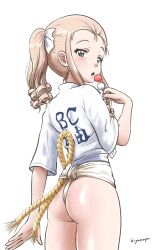 alternate_costume ass back blonde_hair blue_eyes eating food girls_und_panzer highres hiyama_yuu_(wee259hiyama) holding japanese_clothes long_hair looking_at_viewer looking_back marie_(girls_und_panzer) mizu_happi open_mouth simple_background solo standing white_background