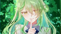 1girl blue_gemstone braid ceres_fauna ceres_fauna_(1st_costume) dress eyes_visible_through_hair finger_to_mouth flower gem green_background green_hair hair_between_eyes hair_flower hair_ornament hair_over_one_eye hair_rings highres hololive hololive_english jitome long_hair mole mole_under_eye neck_ribbon portrait ribbon rikako0229 shushing side_braid solo straight-on virtual_youtuber white_dress yellow_eyes