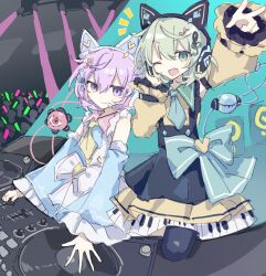 2girls ;d adapted_costume animal_ear_headphones animal_ears apron beamed_eighth_notes black_apron blue_necktie blue_sleeves bow chinese_commentary closed_mouth commentary_request crowd detached_sleeves dj dress fake_animal_ears fang fortissimo frilled_sleeves frills glowstick green_eyes green_hair hair_between_eyes hair_ornament headphones heart heart-shaped_pupils heart_in_eye heart_of_string highres komeiji_koishi komeiji_satori long_sleeves looking_at_viewer medium_hair mixing_console multiple_girls musical_note musical_note_hair_ornament neckerchief necktie notice_lines one_eye_closed open_mouth piano_print pink_hair purple_eyes short_hair siblings sisters skin_fang smile speaker stage stage_lights symbol-shaped_pupils symbol_in_eye third_eye touhou treble_clef white_bow white_dress wusem0108 yellow_dress yellow_neckerchief