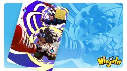 1boy 2boys aqua_background aqua_hair backwards_hat baggy_pants baseball_cap black_boots black_bridal_gauntlets black_gloves black_hair black_sweater blue_hoodie blue_shorts blue_sleeves boots border bridal_gauntlets card character_background coat coattails commentary copyright_name copyright_notice dreadlocks english_commentary english_text fingerless_gloves gameplay_mechanics gloves green_pants grey_sleeve_cuffs gungho hair_tie hat holding holding_weapon hood hoodie ippon_katana_(ninjala) kappei_(ninjala) kinky_hair logo long_sleeves multiple_boys ninjala nose_tape official_art open_clothes open_coat open_mouth outline pants pocket puffy_long_sleeves puffy_shorts puffy_sleeves purple_outline rianti-wong ribbed_sweater ron_(ninjala) second-party_source shoes shorts shuriken sparkle sweater thick_eyebrows tongue two-sided_coat two-sided_fabric unzipped upper_body v-shaped_eyebrows weapon white_border white_coat white_hat white_shoes white_sleeves yellow_eyes