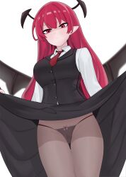 Rule 34 | 1girl, absurdres, bat wings, black panties, black pantyhose, black skirt, black vest, blush, breasts, canonball (dungigi12), closed mouth, clothes lift, collared shirt, commentary request, demon girl, frown, head wings, highres, koakuma, korean commentary, large breasts, lifting own clothes, looking down, mixed-language commentary, multiple wings, necktie, panties, pantyhose, pointy ears, red eyes, red necktie, shirt, simple background, skirt, skirt lift, solo, touhou, underwear, variant set, vest, white background, white shirt, wings