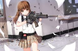 Rule 34 | 1girl, aiming, assault rifle, belt, broken glass, brown eyes, brown hair, bullet, shell casing, bullet hole, candy, casing ejection, desk, firing, food, g36k, glass, gloves, gun, hagi (ame hagi), heckler &amp; koch, highres, lollipop, magazine (weapon), md5 mismatch, original, papers, pouch, resolution mismatch, rifle, school, school shooting, school uniform, shell casing, skirt, source larger, suppressor, tile floor, tiles, twintails, weapon