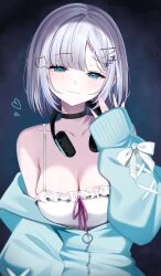 Rule 34 | 1girl, armpit crease, black choker, blue background, blue sweater, blush, breasts, camisole, cat hair ornament, choker, cleavage, closed mouth, collarbone, green eyes, grey hair, hair ornament, hand up, headphones, headphones around neck, highres, kaga sumire, large breasts, long sleeves, looking at viewer, missing commentary, rei (rei 9146), short hair, smile, solo, sweater, upper body, vspo!, white camisole, zzz hair ornament