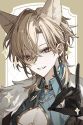 1boy absurdres animal_ears aventurine_(honkai:_star_rail) bccch123 black_gloves blonde_hair clothing_cutout collared_shirt commentary earrings fox_boy fox_ears fox_shadow_puppet gloves green_shirt hand_up hashtag-only_commentary highres honkai:_star_rail honkai_(series) jewelry kemonomimi_mode looking_at_viewer male_focus parted_bangs parted_lips portrait purple_eyes shirt short_hair smile solo sparkle wing_collar