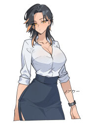 1girl black_hair black_skirt breasts cleavage closed_mouth collared_shirt dark-skinned_female dark_skin ear_piercing highres hotaru_(nokaa_aru) large_breasts long_sleeves looking_at_viewer medium_hair mole mole_under_eye multicolored_hair nokaa_aru orange_eyes orange_hair original parted_bangs pencil_skirt piercing shirt side_slit simple_background skirt solo streaked_hair translated white_background white_shirt