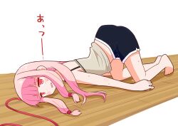 Rule 34 | 1girl, barefoot, blunt bangs, blush, commentary request, exhausted, full body, highres, himajin narou, kotonoha aoi, long hair, looking at viewer, on floor, pink eyes, pink hair, shorts, solo, sweat, tank top, top-down bottom-up, translation request, voiceroid