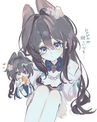 1girl black_hair blue_dress blue_eyes blush chibi closed_mouth dress eating flower hair_between_eyes hair_flower hair_ornament highres honkai:_star_rail honkai_(series) jewelry kemonomimi_mode knees_up long_hair looking_at_viewer looking_up necklace pearl_necklace ruan_mei_(honkai:_star_rail) sh_senni simple_background sitting solo tearing_up translation_request white_background