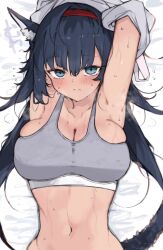 1girl animal_ears arknights armpits black_hair blaze_(arknights) blue_eyes breasts cleavage grey_sports_bra hairband highres kyuu_(plastic_night_q) large_breasts long_hair looking_at_viewer navel red_hairband solo sports_bra sweat wolf_ears wolf_girl