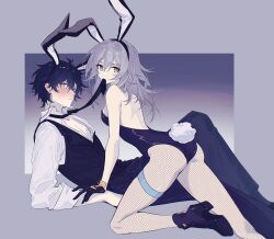 1boy 1girl alternate_costume animal_ears assertive_female bare_back black_gloves black_leotard black_necktie black_pants black_shoes black_vest blue_eyes blue_hair blush border collared_shirt commentary couple dan_heng_(honkai:_star_rail) fake_animal_ears fishnet_pantyhose fishnets gloves gradient_background grey_background grey_hair hetero honkai:_star_rail honkai_(series) knee_up leotard long_hair looking_at_viewer lying mao_(expuella) mouth_hold necktie necktie_in_mouth on_back open_clothes open_shirt pants pantyhose playboy_bunny purple_background rabbit_ears shirt shoes stelle_(honkai:_star_rail) straddling symbol-only_commentary tail thigh_strap trailblazer_(honkai:_star_rail) vest white_shirt yellow_eyes