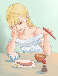 1girl bare_shoulders blunt_bangs blush bottle bowl breasts chopsticks collarbone commentary_request dress fangs food hair_behind_ear head_rest head_tilt highres holding holding_chopsticks long_hair miso_soup nail_polish off-shoulder_dress off_shoulder open_mouth original red_eyes red_nails red_pupils rice_bowl salmon small_breasts solo soy_sauce table teeth tofu upper_body white_dress yostel