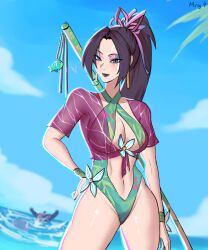 1girl 2boys absurdres alternate_costume artist_request breasts butterfly_ornament cleavage curvy green_lips green_one-piece_swimsuit highleg highleg_one-piece_swimsuit highres jeff_(marvel) large_breasts long_hair looking_at_viewer marvel marvel_rivals multiple_boys navel official_alternate_costume one-piece_swimsuit psylocke psylocke_(breezy_butterfly) shark shiny_skin spider-man_(series) swimsuit two-tone_swimsuit venom_(marvel) water wide_hips x-men