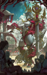 Rule 34 | aleriia v, artist name, ass, barefoot, bird, blue sky, breasts, censored, cloud, cloudy sky, colored skin, colosseum, commentary, crowd, from side, gloves, hair ornament, highres, holding, holding sword, holding weapon, long hair, medium breasts, multiple boys, multiple girls, navel, original, outdoors, patreon username, red gloves, signature, sky, solo focus, standing, stomach, sword, tattoo, very long hair, weapon, white hair, white skin