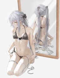 1542_700 1girl absurdres ass bikini bishoujo_mangekyou_(series) black_bikini breasts closed_eyes expressionless grey_hair highres kagarino_kirie long_hair mirror navel open_clothes reflection ribs seiza side-tie_bikini_bottom sitting small_breasts swimsuit thighhighs twintails untied_bikini very_long_hair white_thighhighs
