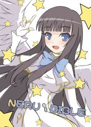 1girl angel_wings blue_eyes blush brown_hair chibi dress fingerless_gloves gloves highres kuro_no_maou nell_julius_elrod open_mouth simple_background smile solo white_background white_dress white_gloves wings