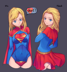 1girl ? absurdres ass back blonde_hair blue_eyes breasts cape capelet reference_sheet closed_mouth clothes_lift comparison covered_navel cropped_legs dc_comics english_text female_focus grey_background hair_slicked_back has_bad_revision has_downscaled_revision highres kryptonian large_breasts leotard long_hair looking_at_viewer md5_mismatch multiple_views overskirt red_cape red_skirt resolution_mismatch short_hair simple_background skirt skirt_lift sleeved_leotard smile source_smaller speech_bubble supergirl superman_(series) swept_bangs thighs tsuki_suigetsu turnaround