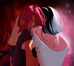 2girls alien_stage asymmetrical_gloves black_gloves black_hair commentary dress elbow_gloves gao_naa9 gloves half_gloves hashtag-only_commentary highres hug medium_hair mizi_(alien_stage) multiple_girls off-shoulder_dress off_shoulder pink_hair single_elbow_glove single_half_glove sua_(alien_stage) uneven_gloves