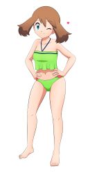 Rule 34 | 1girl, absurdres, bikini, blue eyes, breasts, brown hair, green bikini, highres, legs, looking at viewer, may (pokemon), medium breasts, midriff, nintendo, official alternate costume, one eye closed, pokemon, pokemon (anime), pokemon ag020, pokemon rse (anime), smile, swimsuit, thighs, toadd95, wink