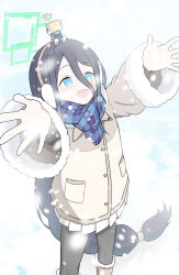 1girl absurdly_long_hair absurdres aqua_eyes aqua_halo aris_(blue_archive) aris_(winter)_(blue_archive) black_hair black_pantyhose blue_archive blue_scarf blush boots bright_pupils brown_boots brown_coat brown_hairband buttons coat commentary_request earmuffs feet_out_of_frame fur-trimmed_boots fur-trimmed_coat fur-trimmed_sleeves fur_trim hair_between_eyes hairband halo highres kei_(robot)_(blue_archive) layered_sleeves long_bangs long_hair long_hair_between_eyes long_sleeves looking_up low-braided_long_hair low-tied_long_hair miniskirt official_alternate_costume official_alternate_hairstyle open_hands open_mouth outstretched_arms palms pantyhose parted_bangs plaid_clothes plaid_scarf pleated_skirt pocket rectangular_halo red_halo ringed_eyes scarf sidelocks skirt smile snow snowing solo spread_fingers standing teeth upper_teeth_only very_long_hair walker-0083 white_skirt wide_sleeves winter winter_clothes winter_coat