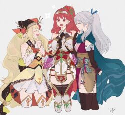 3girls artist_name black_gloves black_thighhighs blonde_hair celica_(fire_emblem) celine_(fire_emblem) celine_(ninja)_(fire_emblem) dress fingerless_gloves fire_emblem fire_emblem:_radiant_dawn fire_emblem_echoes:_shadows_of_valentia fire_emblem_engage fire_emblem_heroes gloves highres long_hair micaiah_(fire_emblem) micaiah_(ninja)_(fire_emblem) multiple_girls ninja nintendo ponytail red_eyes red_hair sasaki_(dkenpisss) smile thighhighs wavy_hair white_dress yellow_dress