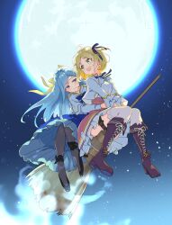 2girls anisphia_wynn_palettia black_pantyhose black_ribbon black_shoes blonde_hair blue_bow blue_bowtie blue_skirt boots bow bowtie broom broom_riding brown_boots closed_mouth coat commentary_request euphyllia_magenta green_eyes hair_ribbon high_heels highres hug hug_from_behind knee_boots long_hair looking_at_another medium_hair miman moon multiple_girls neck_ribbon night official_art open_mouth outdoors pantyhose pink_skirt purple_eyes ribbon second-party_source shirt shoes skirt smile tensei_oujo_to_tensai_reijou_no_mahou_kakumei thigh_strap thighhighs white_coat white_hair white_shirt white_thighhighs