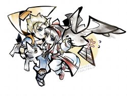 &gt;_&lt; 1boy 1girl ainu_clothes anger_vein black_hair blonde_hair blue_eyes breasts character_name fingerless_gloves galford_d_weller gloves hair_ribbon half-closed_eyes hand_on_another&#039;s_chest highres japanese_clothes legs long_hair looking_at_viewer mamahaha medium_breasts nakoruru ninja open_mouth pants pointy_hair poppy ribbon samurai_spirits scarf short_hair snk thighs