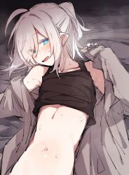 Rule 34 | 1girl, azuma shino, black tank top, blue eyes, blush, cardigan, clothes lift, flat chest, heavy breathing, looking at viewer, lying, navel, nowareno (azuma shino), on back, open cardigan, open clothes, original, parted lips, pointy ears, ponytail, shirt lift, sketch, smile, solo, sweat, tank top, white hair
