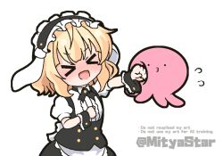 Rule 34 | &gt; &lt;, 1girl, :d, animal ears, animated, animated gif, apron, artist name, black hairband, black skirt, blonde hair, center frills, chibi, closed eyes, crossover, fake animal ears, fleur de lapin uniform, floppy ears, frilled apron, frilled hairband, frills, gochuumon wa usagi desu ka?, hairband, kirima syaro, mitya, octopus, open mouth, puffy short sleeves, puffy sleeves, punching, rabbit ears, shirt, short hair, short sleeves, simple background, skirt, smile, takopii, takopii no genzai, twitter username, waist apron, waitress, white apron, white background, white shirt, wrist cuffs