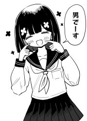 Rule 34 | 1boy, blush, breast pocket, crossdressing, crossdressing (mtf), flower, hair flower, hair ornament, highres, long sleeves, miniskirt, monochrome, open mouth, original, pantyhose, pleated skirt, pocket, ribbon, school uniform, serafuku, simple background, skirt, smile, speech bubble, trap, vae, white background