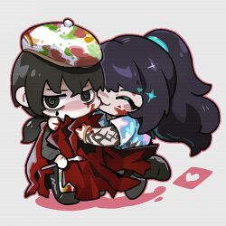 2boys apron arm_tattoo beret biting biting_cheek black_eyes black_hair blood blood_on_face blood_on_hands blue_shirt chibi chibi_only closed_eyes flaw_eight full_body hat hawaiian_shirt heart high_ponytail holding holding_paintbrush hong_lu_(project_moon) hug limbus_company long_hair looking_at_viewer low_ponytail male_focus multiple_boys no_mouth paintbrush ponytail project_moon ring_(identity)_(project_moon) shirt short_sleeves sparkle tattoo tingtang_gang_(identity)_(project_moon) white_hat yaoi yi_sang_(project_moon)