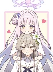 2girls absurdres angel_wings black_neckerchief blue_archive blue_bow blue_bowtie bow bowtie brown_eyes brown_hair capelet dress flower gosyamadaiji hair_bun hair_flower hair_ornament halo hands_on_another&#039;s_shoulders heart highres licking_lips long_hair long_sleeves looking_at_viewer mika_(blue_archive) multiple_girls nagisa_(blue_archive) neckerchief pink_hair pink_halo sailor_collar smile tongue tongue_out upper_body white_capelet white_dress wings yellow_eyes