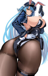 Rule 34 | 1girl, absurdres, animal ears, ass, azur lane, black leotard, blue hair, blush, breasts, cropped jacket, detached collar, fake animal ears, gloves, gun, hat, highleg, highleg leotard, highres, holding, holding gun, holding weapon, large breasts, leotard, long sleeves, looking at viewer, looking back, neptune (azur lane), neptune (officer bunneptune is on the case!) (azur lane), pantyhose, playboy bunny, police hat, rabbit ears, rabbit tail, simple background, slug 1356, smile, solo, strapless, strapless leotard, tail, thigh strap, weapon, white background, white gloves, wrist cuffs, yellow eyes