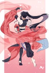 Rule 34 | 1boy, alternate costume, arabian clothes, arm up, asymmetrical clothes, asymmetrical legwear, back, bandaged leg, bandages, bare shoulders, barefoot, black hair, black pants, black shirt, black sleeves, black socks, cape, crop top, crossdressing, dancer, dancing, dated, detached sleeves, facing away, floating clothes, floating hair, from behind, full body, harem outfit, highres, kimako (kimako 8), kneehighs, light particles, long hair, male focus, midriff, modao zushi, pants, pink background, ponytail, red cape, red shawl, shawl, shirt, single bare foot, single sock, sleeveless, sleeveless shirt, socks, solo, stirrup legwear, toeless legwear, twitter username, very long hair, waist cape, watermark, wei wuxian
