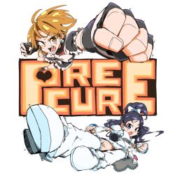 Rule 34 | 2girls, ahoge, belt, black arm warmers, black gloves, black hair, black leg warmers, black shirt, black shorts, black skirt, blue belt, bow, bowtie, brown eyes, brown hair, brown shoes, clenched hand, commentary request, copyright name, cropped shirt, cure black, cure white, determined, dress, earrings, eyelashes, fingerless gloves, fingernails, floating, floating clothes, frilled leg warmers, frilled skirt, frilled sleeves, frills, futari wa precure, gloves, hair bow, hair ornament, heart, heart earrings, heart hair ornament, heart print, high ponytail, highres, incoming attack, incoming kick, incoming punch, jewelry, kicking, leg warmers, looking at viewer, miniskirt, misumi nagisa, multiple girls, naitsupic, open mouth, pink bag, pink bow, pink bowtie, ponytail, precure, punching, purple eyes, shirt, shoes, short dress, short hair, short ponytail, short sleeves, shorts, shorts under skirt, simple background, skirt, skirt set, swept bangs, tareme, teeth, tsurime, turtleneck, turtleneck shirt, two-tone bag, v-shaped eyebrows, waist bag, white arm warmers, white background, white bag, white bow, white bowtie, white dress, white leg warmers, white shoes, yukishiro honoka