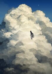 1boy bicycle black_hair blue_sky choidomart cloud cloud_focus cloudy_sky cumulonimbus_cloud flying from_behind full_body high_up highres jacket original outdoors pants riding riding_bicycle scenery shirt sky star_(sky) surreal wide_shot