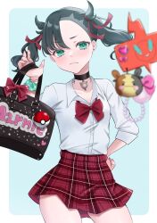 1girl bag black_choker black_hair bow bowtie choker commentary ditto gen_1_pokemon gen_4_pokemon gen_8_pokemon green_eyes gyaru hair_ribbon highres holding holding_bag looking_at_viewer marnie_(pokemon) miniskirt morpeko morpeko_(full) nintendo plaid_clothes plaid_skirt poke_ball poke_ball_(basic) pokemon pokemon_swsh red_bow red_bowtie red_ribbon revision ribbon rotom rotom_phone school_bag school_uniform serafuku shirocat_0121 shirt simple_background skirt solo transformed_ditto twintails white_shirt