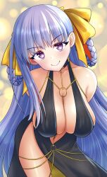 1girl arms_behind_back bare_shoulders bb_(fate) bb_dubai_(fate) belly_chain black_dress blush braid braided_hair_rings breasts center_opening cleavage degudoga dress fate/grand_order fate_(series) hair_ribbon hair_rings jewelry large_breasts leaning_forward long_hair looking_at_viewer necklace purple_eyes purple_hair ribbon side_slit smile solo thighs twin_braids very_long_hair yellow_ribbon